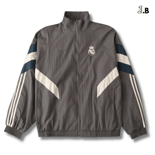Real Madrid CF Vintage Grey Striped Windbreaker - JogaBonito - Jersey